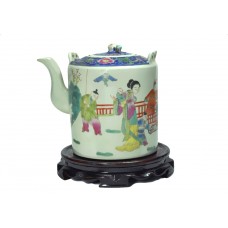  1090  A rose famille verte tea pot with playing  mother and children